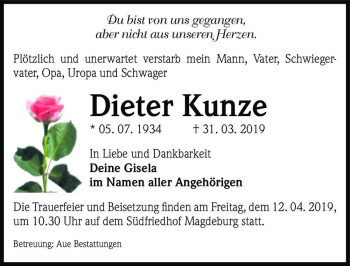 Traueranzeige von Dieter Kunze  von Magdeburger Volksstimme