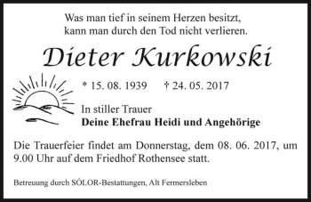 Traueranzeige von Dieter Kurkowski  von Magdeburger Volksstimme