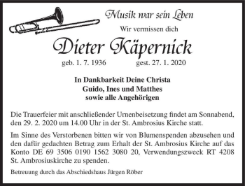 Traueranzeige von Dieter Käpernick  von Magdeburger Volksstimme