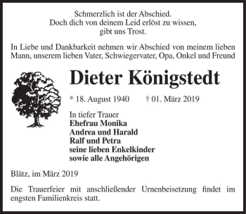 Traueranzeige von Dieter Königstedt  von Magdeburger Volksstimme