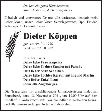 Traueranzeige von Dieter Köppen  von Magdeburger Volksstimme
