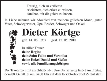 Traueranzeige von Dieter Körtge  von Magdeburger Volksstimme