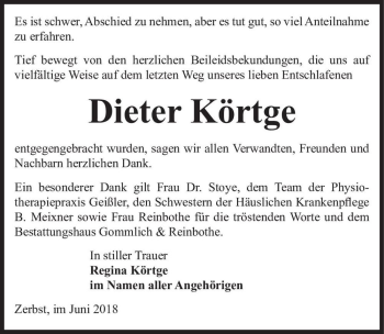 Traueranzeige von Dieter Körtge  von Magdeburger Volksstimme