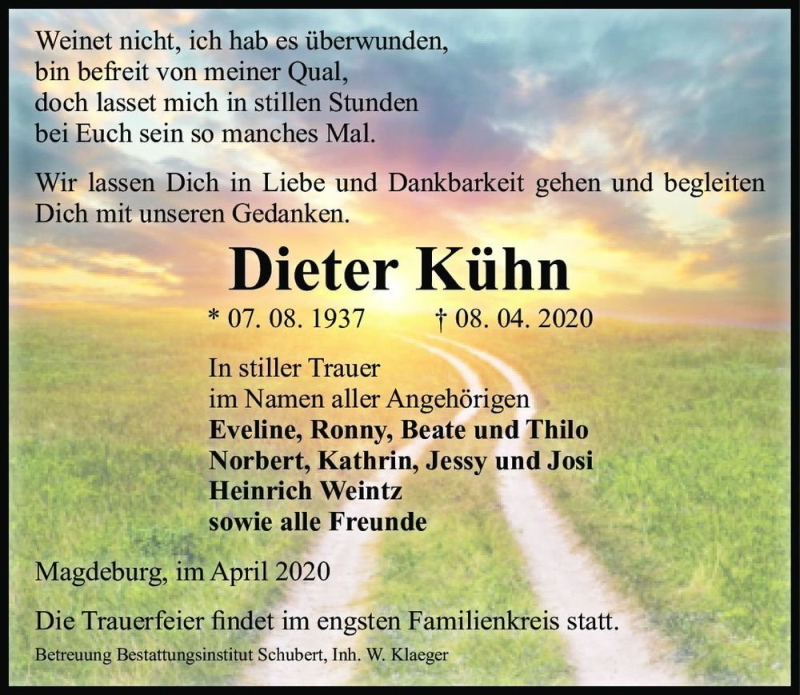  Traueranzeige für Dieter Kühn  vom 18.04.2020 aus Magdeburger Volksstimme