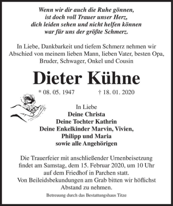 Traueranzeige von Dieter Kühne  von Magdeburger Volksstimme