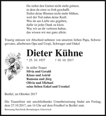 Traueranzeige von Dieter Kühne  von Magdeburger Volksstimme