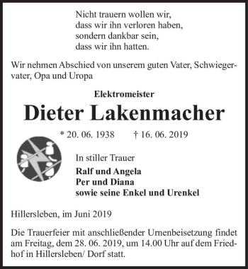 Traueranzeige von Dieter Lakenmacher  von Magdeburger Volksstimme
