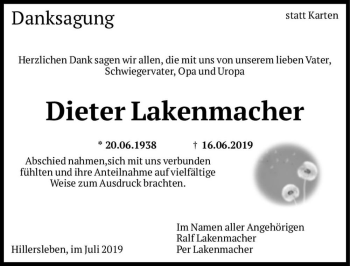 Traueranzeige von Dieter Lakenmacher  von Magdeburger Volksstimme