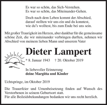 Traueranzeige von Dieter Lampert  von Magdeburger Volksstimme