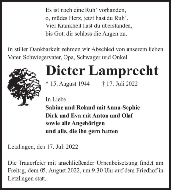 Traueranzeige von Dieter Lamprecht  von Magdeburger Volksstimme