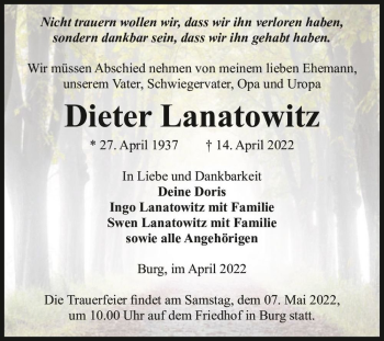 Traueranzeige von Dieter Lanatowitz  von Magdeburger Volksstimme