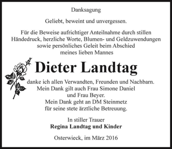 Traueranzeige von Dieter Landtag  von Magdeburger Volksstimme