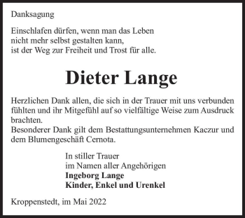 Traueranzeige von Dieter Lange  von Magdeburger Volksstimme
