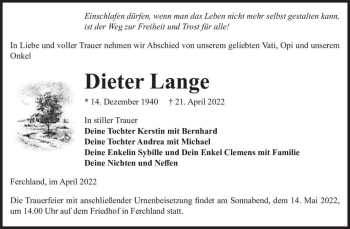 Traueranzeige von Dieter Lange  von Magdeburger Volksstimme