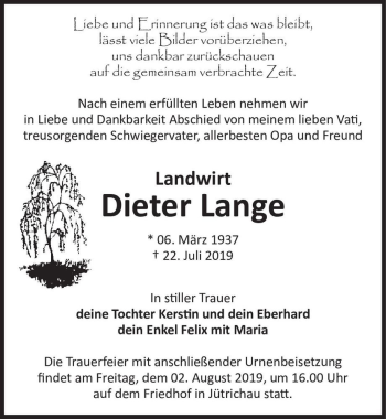Traueranzeige von Dieter Lange  von Magdeburger Volksstimme