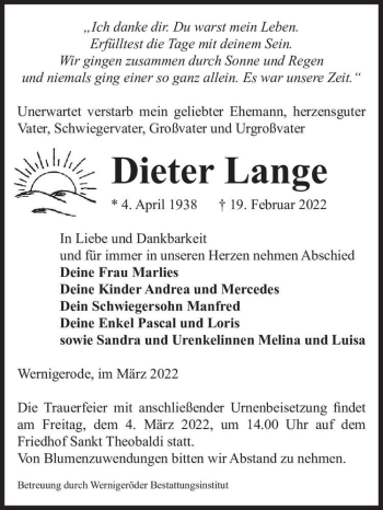 Traueranzeige von Dieter Lange  von Magdeburger Volksstimme