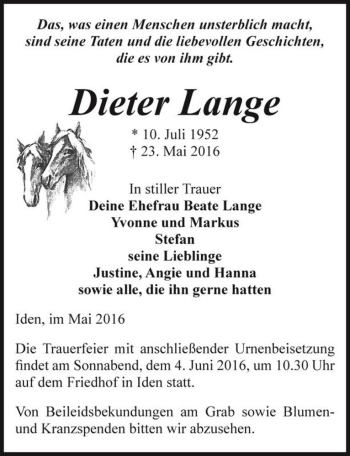 Traueranzeige von Dieter Lange  von Magdeburger Volksstimme