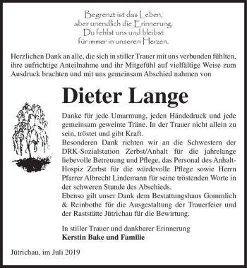 Traueranzeige von Dieter Lange  von Magdeburger Volksstimme