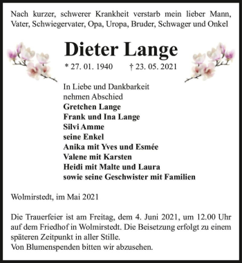 Traueranzeige von Dieter Lange  von Magdeburger Volksstimme