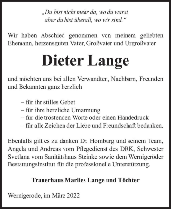 Traueranzeige von Dieter Lange  von Magdeburger Volksstimme