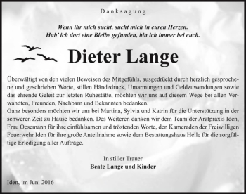 Traueranzeige von Dieter Lange  von Magdeburger Volksstimme