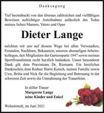Traueranzeige von Dieter Lange  von Magdeburger Volksstimme