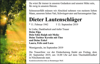 Traueranzeige von Dieter Lautenschläger  von Magdeburger Volksstimme