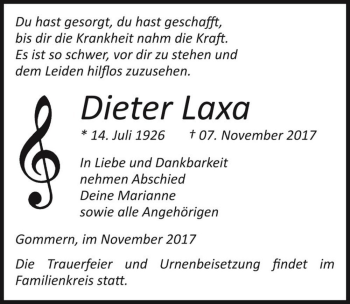 Traueranzeige von Dieter Laxa  von Magdeburger Volksstimme