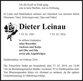 Traueranzeige von Dieter Leinau  von Magdeburger Volksstimme