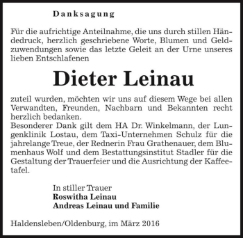 Traueranzeige von Dieter Leinau  von Magdeburger Volksstimme