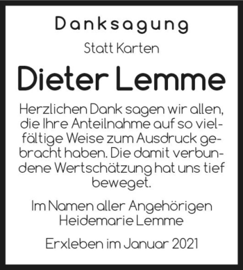 Traueranzeige von Dieter Lemme  von Magdeburger Volksstimme