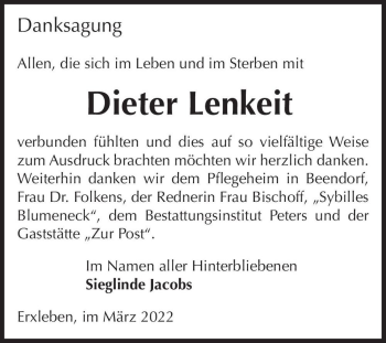Traueranzeige von Dieter Lenkeit  von Magdeburger Volksstimme