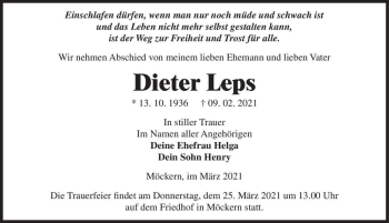 Traueranzeige von Dieter Leps  von Magdeburger Volksstimme