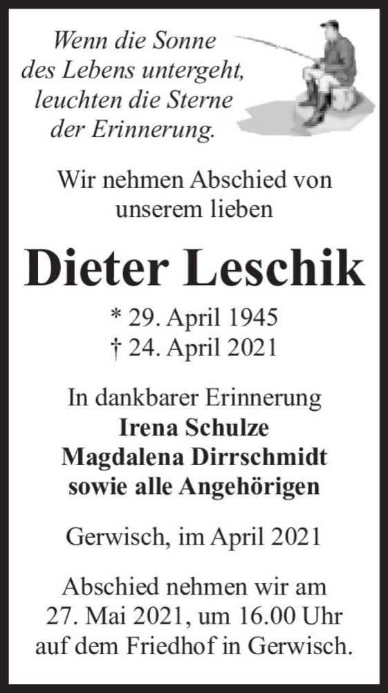  Traueranzeige für Dieter Leschik  vom 30.04.2021 aus Magdeburger Volksstimme