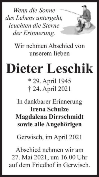 Traueranzeige von Dieter Leschik  von Magdeburger Volksstimme