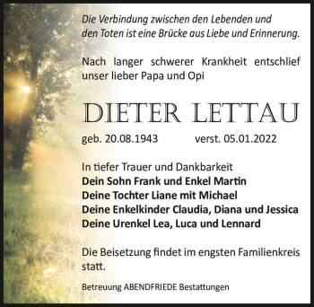 Traueranzeige von Dieter Lettau  von Magdeburger Volksstimme