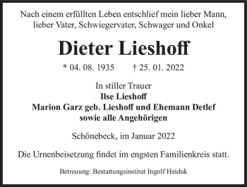 Traueranzeige von Dieter Lieshoff  von Magdeburger Volksstimme