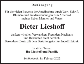 Traueranzeige von Dieter Lieshoff  von Magdeburger Volksstimme