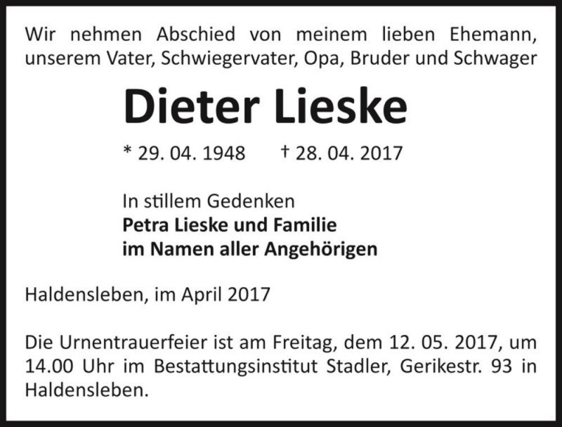  Traueranzeige für Dieter Lieske  vom 06.05.2017 aus Magdeburger Volksstimme