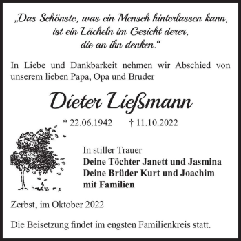 Traueranzeige von Dieter Ließmann  von Magdeburger Volksstimme