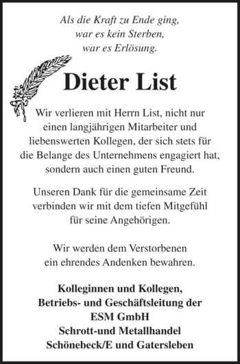 Traueranzeige von Dieter List  von Magdeburger Volksstimme