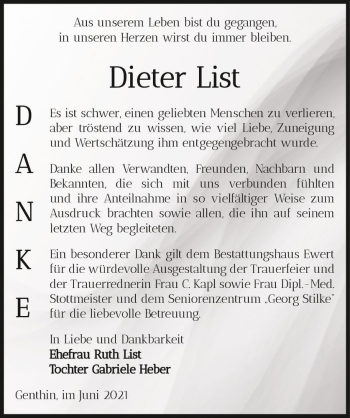 Traueranzeige von Dieter List  von Magdeburger Volksstimme