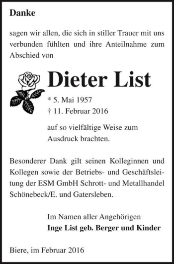 Traueranzeige von Dieter List  von Magdeburger Volksstimme