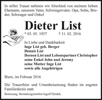 Traueranzeige von Dieter List  von Magdeburger Volksstimme