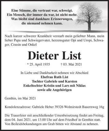 Traueranzeige von Dieter List  von Magdeburger Volksstimme