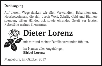 Traueranzeige von Dieter Lorenz  von Magdeburger Volksstimme