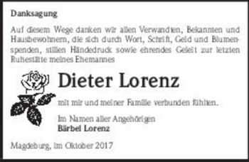 Traueranzeige von Dieter Lorenz  von Magdeburger Volksstimme
