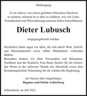 Traueranzeige von Dieter Lubusch  von Magdeburger Volksstimme