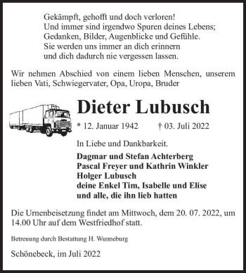 Traueranzeige von Dieter Lubusch  von Magdeburger Volksstimme