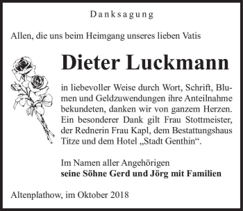 Traueranzeige von Dieter Luckmann  von Magdeburger Volksstimme